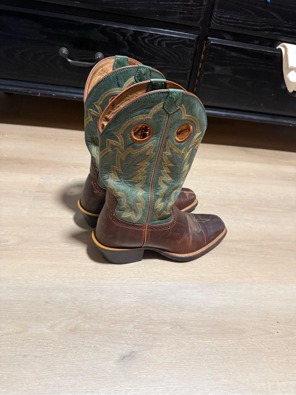 Twisted X Brown Leather Foot & Green Embroidered Shaft Cowboy Boots Square toe